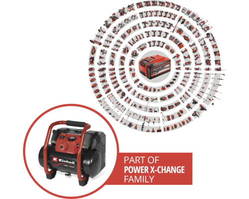 Einhell Kompressor als Teil der Power X-Change Familie mit kompatiblen Werkzeugen und Akku.