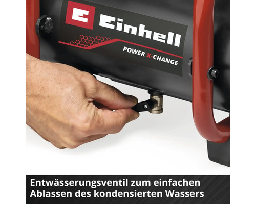 Einhell Logo, Hand öffnet das Entwässerungsventil am Kompressor zum Ablassen von Kondenswasser.