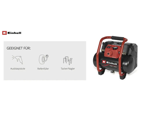 Einhell Logo und tragbarer Kompressor mit Anwendungssymbolen für Ausblaspistole, Reifenfüller und Tacker oder Nagler.