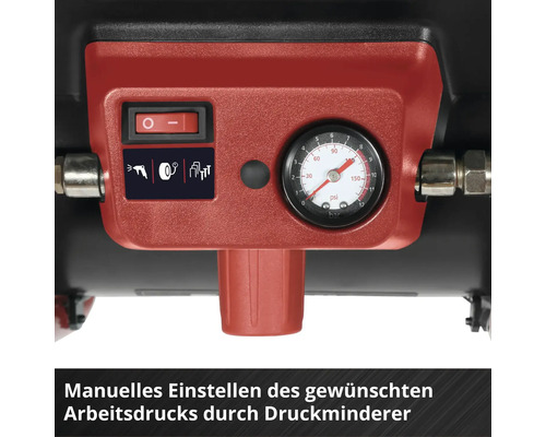 Kompressor-Bedienfeld mit Manometer, Druckregler und Ein-Aus-Schalter zur manuellen Einstellung des Arbeitsdrucks.