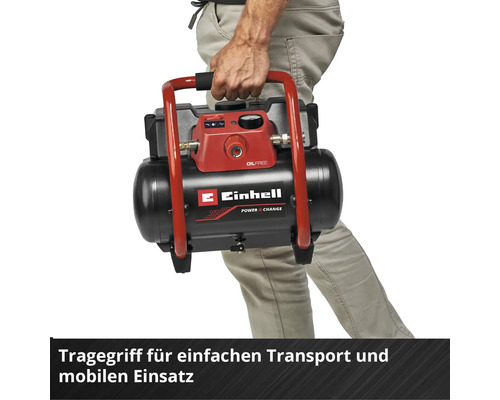 Einhell Akku-Kompressor mit Tragegriff für den einfachen Transport und mobilen Einsatz.