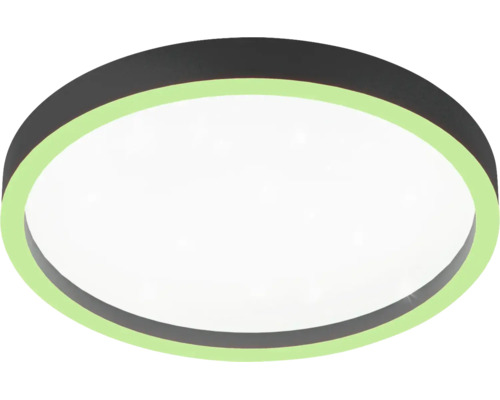 Runde LED-Deckenleuchte mit schwarzem Rahmen, weißem Diffusor und grünem Leuchtring.