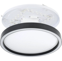 Runde LED-Deckenleuchte mit schwarzem Rahmen und weißem Diffusor sowie einer Ansicht der internen Komponenten.