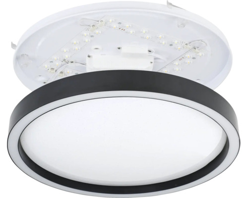 Runde LED-Deckenleuchte mit schwarzem Rahmen und weißem Diffusor sowie einer Ansicht der internen Komponenten.