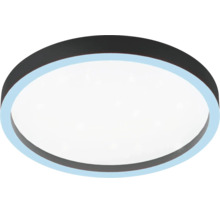 Moderne runde LED-Deckenleuchte mit dunklem Rand und weißer Leuchtfläche.