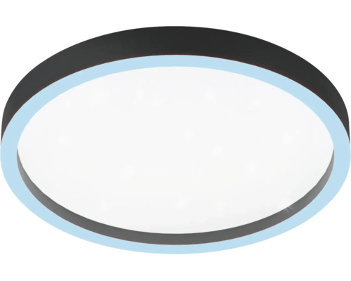 Moderne runde LED-Deckenleuchte mit dunklem Rand und weißer Leuchtfläche.