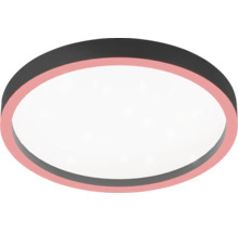 Runde LED-Deckenleuchte mit dunklem Rahmen, rosa Zierring und weißer Leuchtfläche.