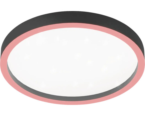 Runde LED-Deckenleuchte mit dunklem Rahmen, rosa Zierring und weißer Leuchtfläche.