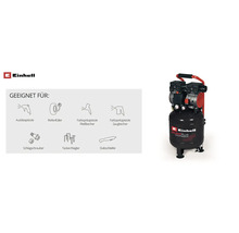 Einhell Silent Plus Kompressor mit Übersicht geeigneter Anwendungen wie Ausblaspistole, Reifenfüller, Farbspritzpistolen, Schlagschrauber und Tacker.