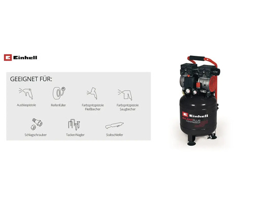 Einhell Silent Plus Kompressor mit Übersicht geeigneter Anwendungen wie Ausblaspistole, Reifenfüller, Farbspritzpistolen, Schlagschrauber und Tacker.