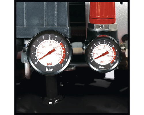Zwei Manometer an einem Kompressor mit Skalen für bar und psi.