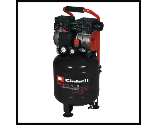 Einhell SilentPlus Kompressor mit stehendem Druckbehälter, zwei Motoreinheiten, zwei Manometern und einem Transportgriff.