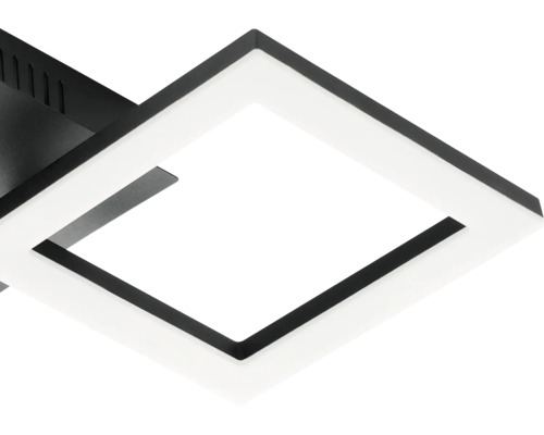 Detail einer modernen quadratischen LED-Deckenleuchte mit schwarzem Rahmen und weißem Diffusor.