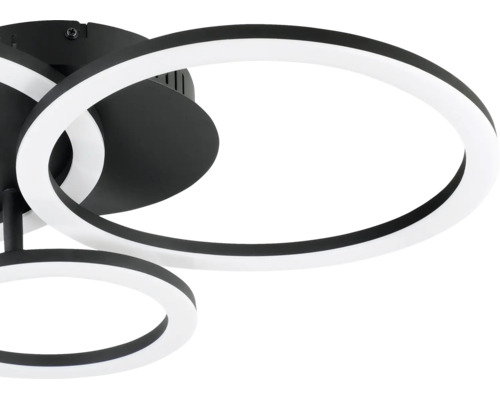 Moderne LED-Deckenleuchte in Schwarz und Weiß mit überlappenden Ringen aus Metall und Kunststoff.