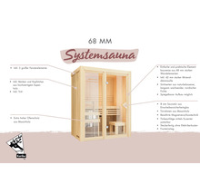 Karibu 68 mm Systemsauna aus Fichtenholz mit Glastür, Fensterelementen, Saunabänken und Ofenschutz. Infografik mit Produktdetails.