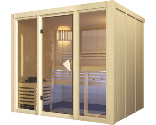 Moderne Indoor-Sauna aus natürlichem Holz mit großer Glasfront, Holzbänken und Saunaofen.
