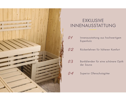 Sauna-Innenausstattung aus Espenholz mit Holzbänken, Rückenlehne, Bankblende und Ofenschutzgitter.
