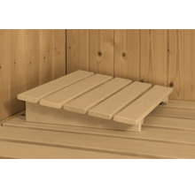 Ergonomische Saunakopfstütze aus Holz mit fünf Latten auf einer Saunabank.