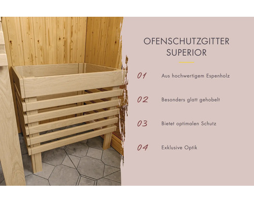 Ofenschutzgitter Superior aus hochwertigem Espenholz für die Sauna.