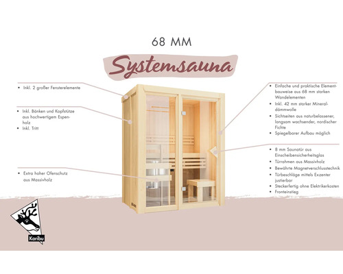 Infografik für eine Karibu 68 Millimeter Systemsauna mit Details zu Wandstärke, Fenstern, Innenausstattung aus Espenholz und Glastür.