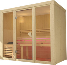 Moderne Indoor-Sauna aus hellem Holz mit großer Glasfront, integrierten Liegebänken, Saunaofen und stimmungsvoller LED-Beleuchtung.