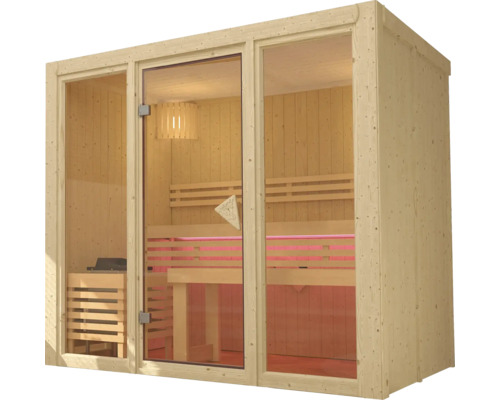 Moderne Indoor-Sauna aus hellem Holz mit großer Glasfront, integrierten Liegebänken, Saunaofen und stimmungsvoller LED-Beleuchtung.
