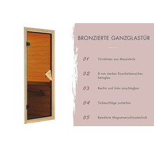 Bronzierte Ganzglastür für Saunen mit Massivholzrahmen, 8 mm Sicherheitsglas, beidseitig anschlagbar und justierbaren Beschlägen.