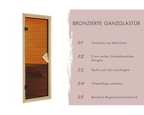 Bronzierte Ganzglastür für Saunen mit Massivholzrahmen, 8 mm Sicherheitsglas, beidseitig anschlagbar und justierbaren Beschlägen.