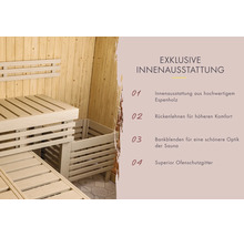 Sauna-Innenausstattung aus Espenholz mit Saunabänken, Rückenlehne und Ofenschutzgitter sowie einer Auflistung exklusiver Ausstattungsmerkmale.