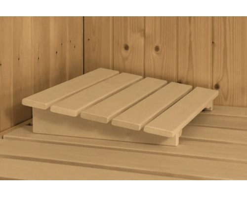 Ergonomische Sauna-Kopfstütze aus Holz, platziert auf einer Saunabank vor einer Holzwand.
