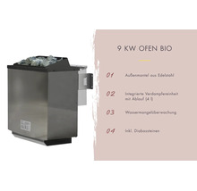 9 Kilowatt Bio-Saunaofen aus Edelstahl inklusive Diabassteinen und integrierter Verdampfereinheit mit Ablauf.