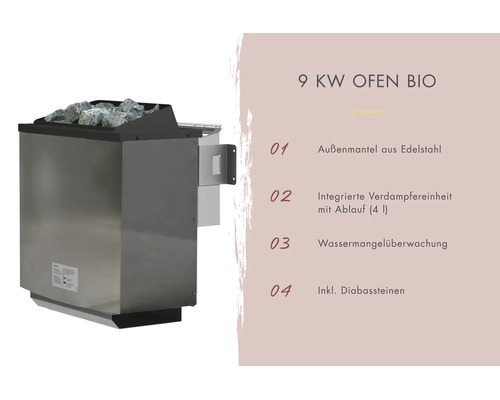 9 Kilowatt Bio-Saunaofen aus Edelstahl inklusive Diabassteinen und integrierter Verdampfereinheit mit Ablauf.