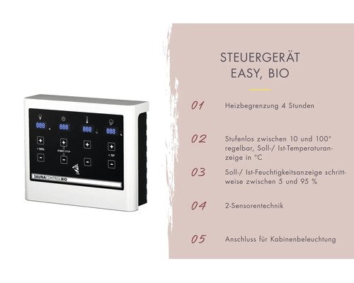 Saunasteuerung Saunacontrol Bio mit digitalem Display und fünf Funktionen wie Heizbegrenzung, Temperatur- und Feuchtigkeitsanzeige.