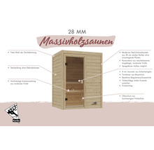 Massivholzsauna aus nordischer Fichte mit 28 Millimeter Bohlenstärke und Sicherheitsglastür von Karibu inklusive technischer Produktmerkmale.