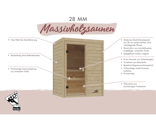 Massivholzsauna aus nordischer Fichte mit 28 Millimeter Bohlenstärke und Sicherheitsglastür von Karibu inklusive technischer Produktmerkmale.