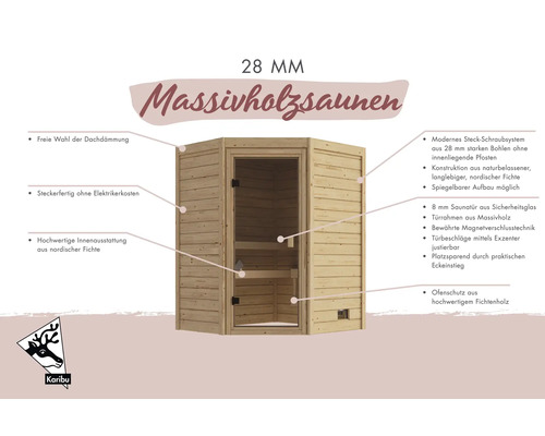 Karibu Ecksauna aus nordischer Fichte mit 28 Millimeter Wandstärke inklusive Funktionsbeschreibung der Ausstattungsmerkmale.