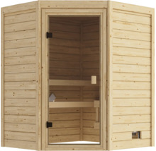 Ecksauna aus Massivholz mit einer Glastür für den Innenbereich