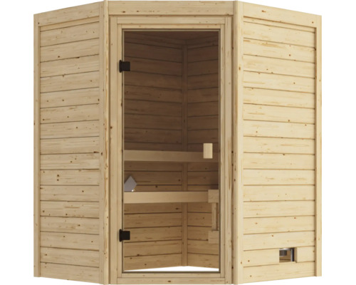 Ecksauna aus Massivholz mit einer Glastür für den Innenbereich