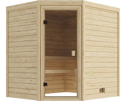 Ecksauna aus Massivholz mit Ganzglastür und zwei Liegeebenen für den Innenbereich