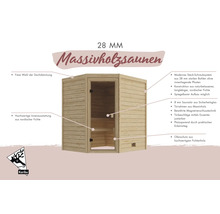 Ecksauna aus Massivholz mit 28 Millimeter Wandstärke und Karibu Logo sowie detaillierter Produktbeschreibung.