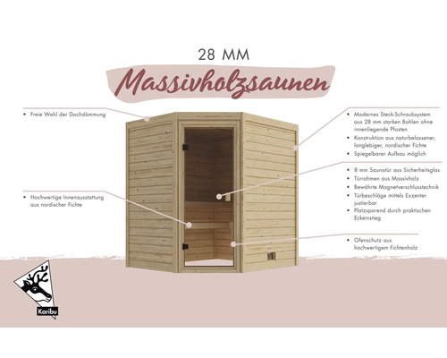Ecksauna aus Massivholz mit 28 Millimeter Wandstärke und Karibu Logo sowie detaillierter Produktbeschreibung.