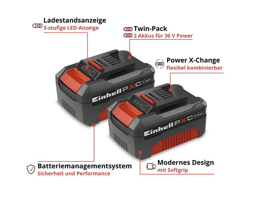 Einhell Power X-Change Doppelpack mit zwei 4,0 Amperestunden Akkus für 36 Volt, Ladestandsanzeige, Batteriemanagementsystem und Softgrip.