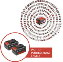 Einhell Power X-Change Akkusystem mit zwei Akkus und einer Auswahl kompatibler Werkzeuge und Gartengeräte in Spiralform.