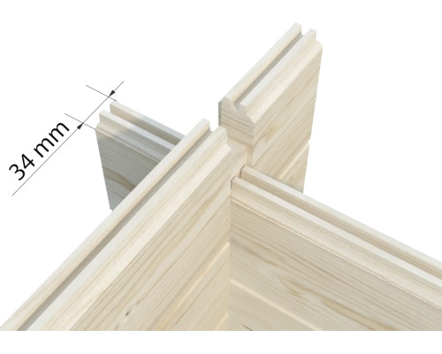 Eckverbindung von Holzbalken mit einer angezeigten Wandstärke von 34 Millimeter für Gartenhäuser.