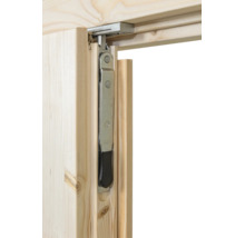 Treibriegel aus Metall mit schwarzem Hebel, montiert in einem Holzrahmen.