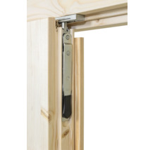 Kantriegel aus Metall mit schwarzem Hebel, montiert in einem hellen Holzrahmen für Fenster oder Türen.