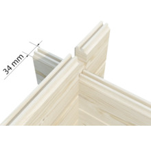 Detail einer Eckverbindung aus Holz für ein Gartenhaus mit einer Wandstärke von 34 Millimetern.
