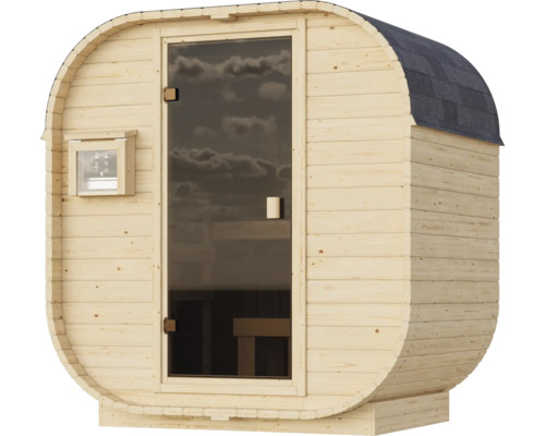 Fasssauna aus Holz für den Garten mit Glastür und Dachschindeln