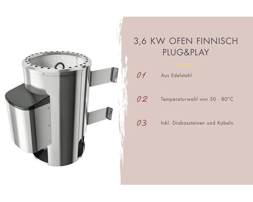 Finnischer Saunaofen mit 3,6 Kilowatt aus Edelstahl inklusive Diabassteinen und Kabeln zur Wandmontage mit 50 bis 80 Grad Celsius Temperaturwahl