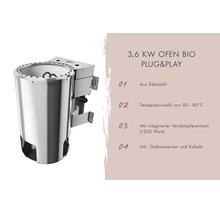 Edelstahl Saunaofen Bio Plug and Play mit 3,6 Kilowatt Leistung, integrierter 1200 Watt Verdampfereinheit, inklusive Diabassteinen und Kabeln.